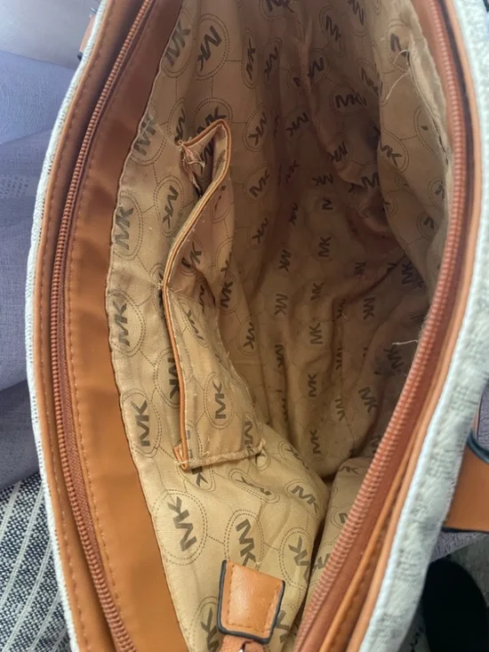 Michael Kors | Vanilla MK Monogram & Brown Leather Trim Bag - Picture 10 of 11